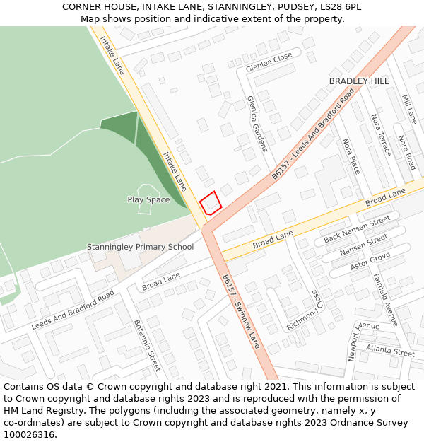 CORNER HOUSE, INTAKE LANE, STANNINGLEY, PUDSEY, LS28 6PL: Location map and indicative extent of plot
