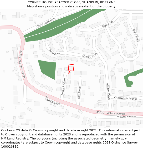 CORNER HOUSE, PEACOCK CLOSE, SHANKLIN, PO37 6NB: Location map and indicative extent of plot