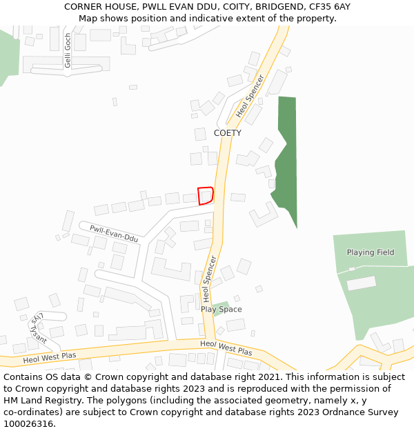 CORNER HOUSE, PWLL EVAN DDU, COITY, BRIDGEND, CF35 6AY: Location map and indicative extent of plot