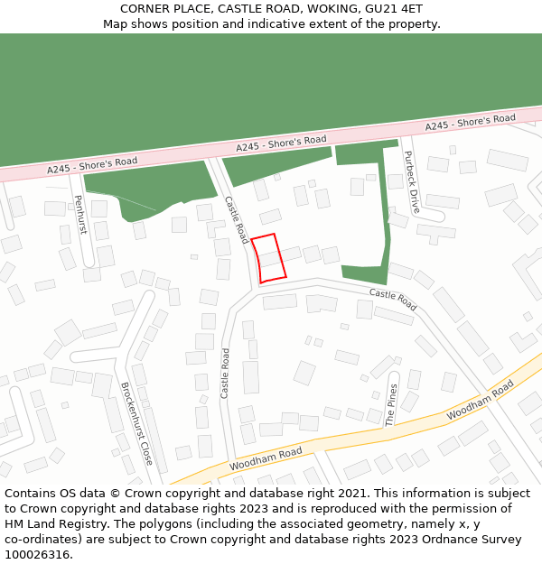 CORNER PLACE, CASTLE ROAD, WOKING, GU21 4ET: Location map and indicative extent of plot