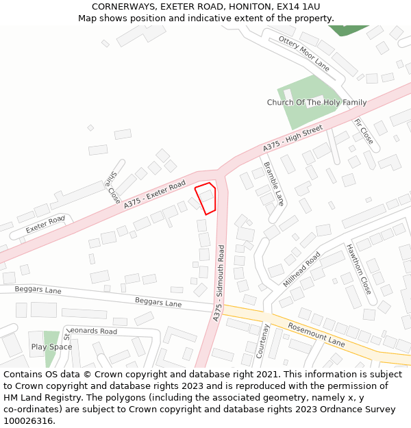 CORNERWAYS, EXETER ROAD, HONITON, EX14 1AU: Location map and indicative extent of plot