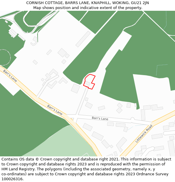 CORNISH COTTAGE, BARRS LANE, KNAPHILL, WOKING, GU21 2JN: Location map and indicative extent of plot