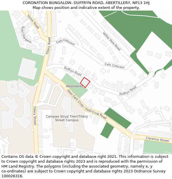 CORONATION BUNGALOW, DUFFRYN ROAD, ABERTILLERY, NP13 1HJ: Location map and indicative extent of plot