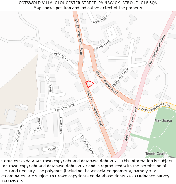 COTSWOLD VILLA, GLOUCESTER STREET, PAINSWICK, STROUD, GL6 6QN: Location map and indicative extent of plot