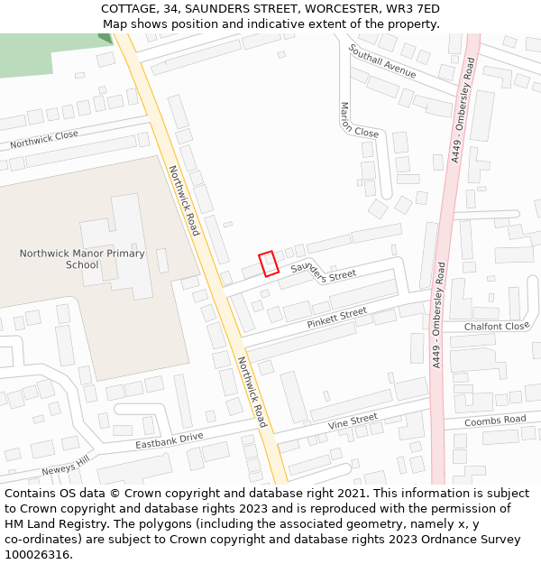 COTTAGE, 34, SAUNDERS STREET, WORCESTER, WR3 7ED: Location map and indicative extent of plot