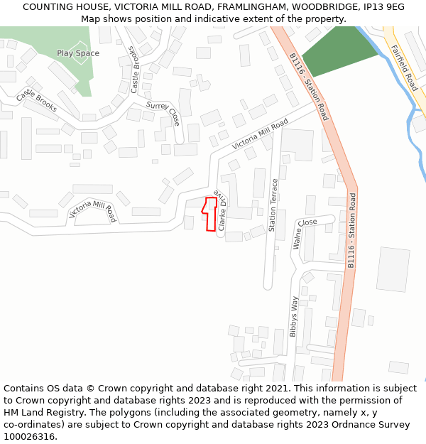 COUNTING HOUSE, VICTORIA MILL ROAD, FRAMLINGHAM, WOODBRIDGE, IP13 9EG: Location map and indicative extent of plot