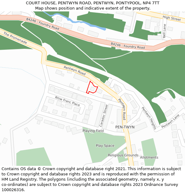 COURT HOUSE, PENTWYN ROAD, PENTWYN, PONTYPOOL, NP4 7TT: Location map and indicative extent of plot