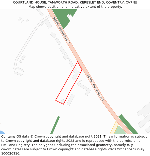 COURTLAND HOUSE, TAMWORTH ROAD, KERESLEY END, COVENTRY, CV7 8JJ: Location map and indicative extent of plot
