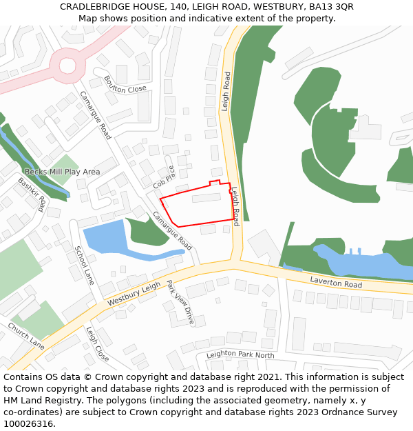 CRADLEBRIDGE HOUSE, 140, LEIGH ROAD, WESTBURY, BA13 3QR: Location map and indicative extent of plot