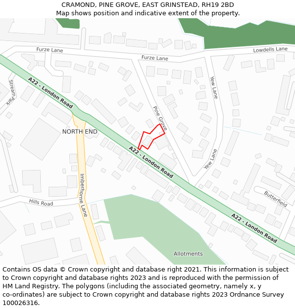 CRAMOND, PINE GROVE, EAST GRINSTEAD, RH19 2BD: Location map and indicative extent of plot