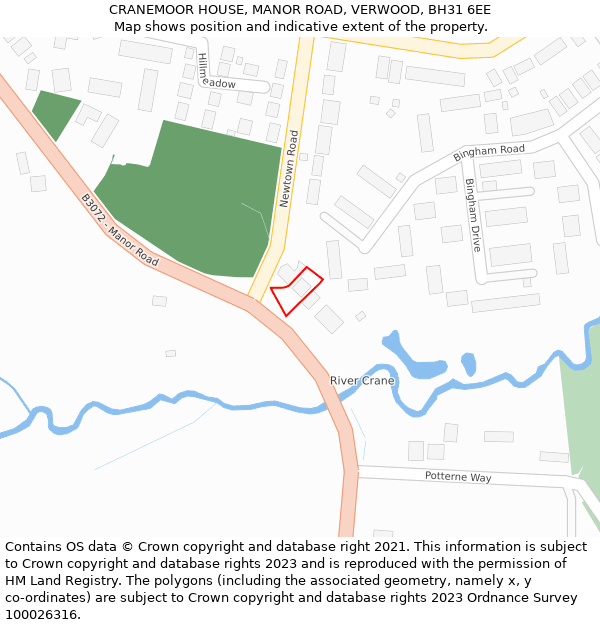 CRANEMOOR HOUSE, MANOR ROAD, VERWOOD, BH31 6EE: Location map and indicative extent of plot