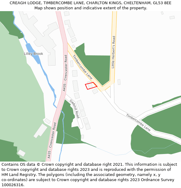 CREAGH LODGE, TIMBERCOMBE LANE, CHARLTON KINGS, CHELTENHAM, GL53 8EE: Location map and indicative extent of plot
