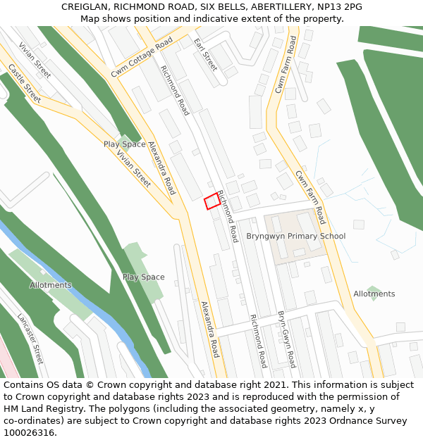 CREIGLAN, RICHMOND ROAD, SIX BELLS, ABERTILLERY, NP13 2PG: Location map and indicative extent of plot