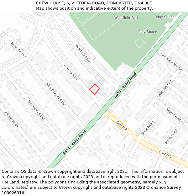 CREW HOUSE, 6, VICTORIA ROAD, DONCASTER, DN4 0LZ: Location map and indicative extent of plot