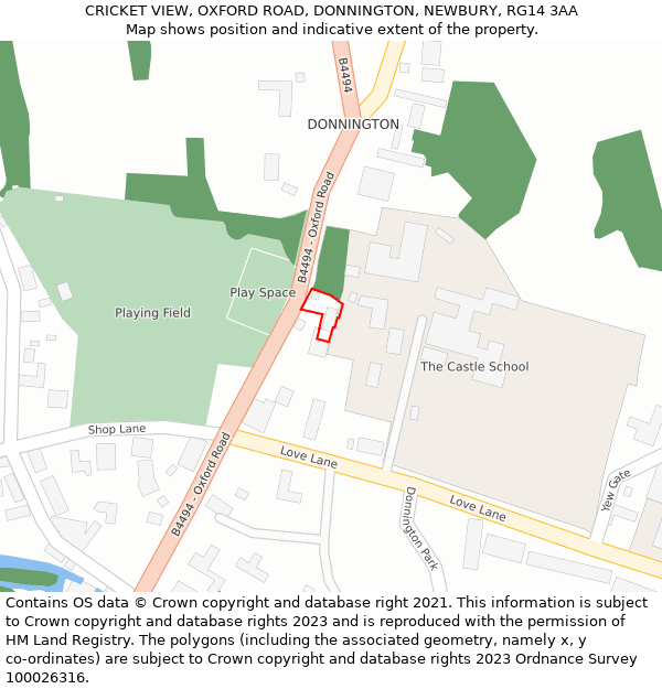 CRICKET VIEW, OXFORD ROAD, DONNINGTON, NEWBURY, RG14 3AA: Location map and indicative extent of plot