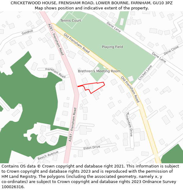 CRICKETWOOD HOUSE, FRENSHAM ROAD, LOWER BOURNE, FARNHAM, GU10 3PZ: Location map and indicative extent of plot
