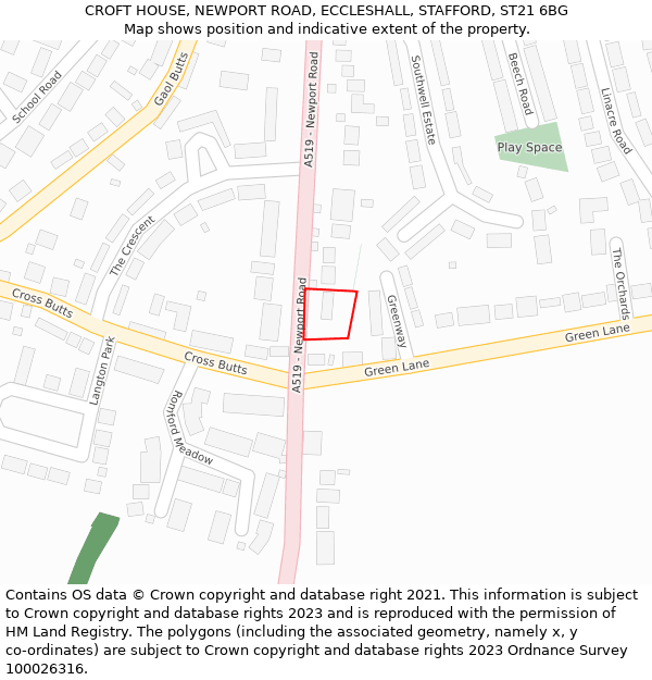 CROFT HOUSE, NEWPORT ROAD, ECCLESHALL, STAFFORD, ST21 6BG: Location map and indicative extent of plot