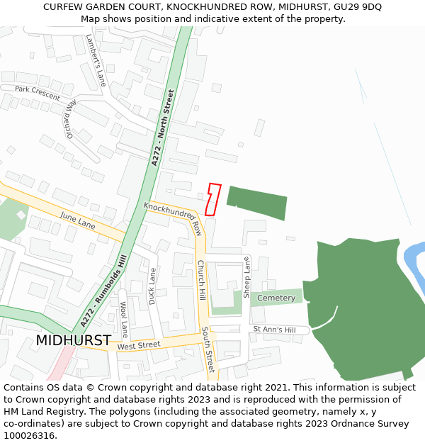 CURFEW GARDEN COURT, KNOCKHUNDRED ROW, MIDHURST, GU29 9DQ: Location map and indicative extent of plot