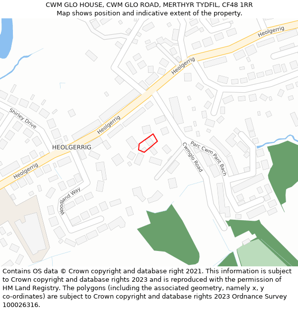 CWM GLO HOUSE, CWM GLO ROAD, MERTHYR TYDFIL, CF48 1RR: Location map and indicative extent of plot
