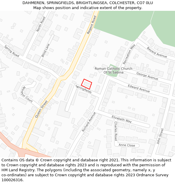 DAHMEREN, SPRINGFIELDS, BRIGHTLINGSEA, COLCHESTER, CO7 0LU: Location map and indicative extent of plot