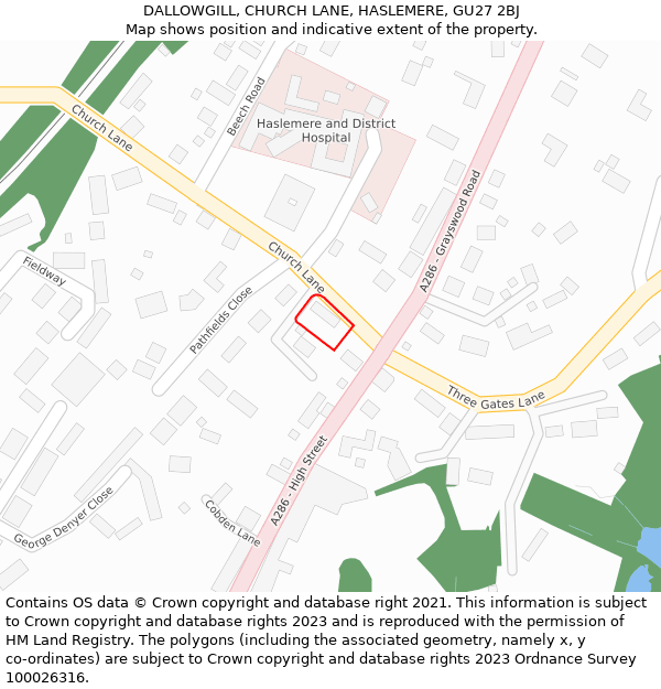 DALLOWGILL, CHURCH LANE, HASLEMERE, GU27 2BJ: Location map and indicative extent of plot