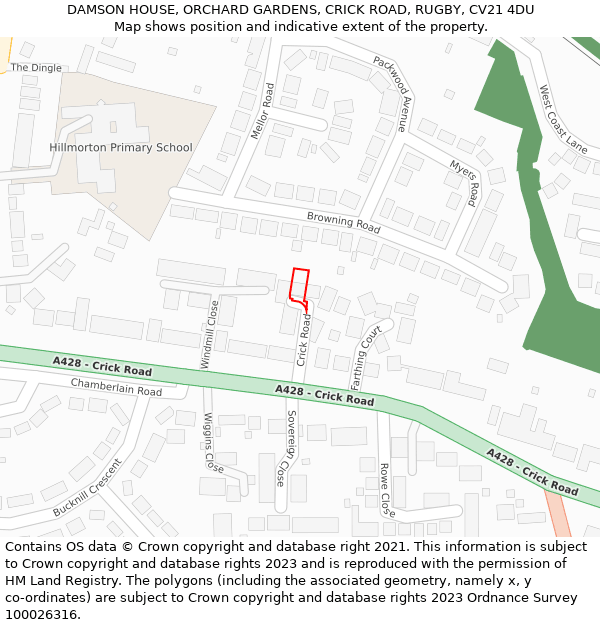 DAMSON HOUSE, ORCHARD GARDENS, CRICK ROAD, RUGBY, CV21 4DU: Location map and indicative extent of plot