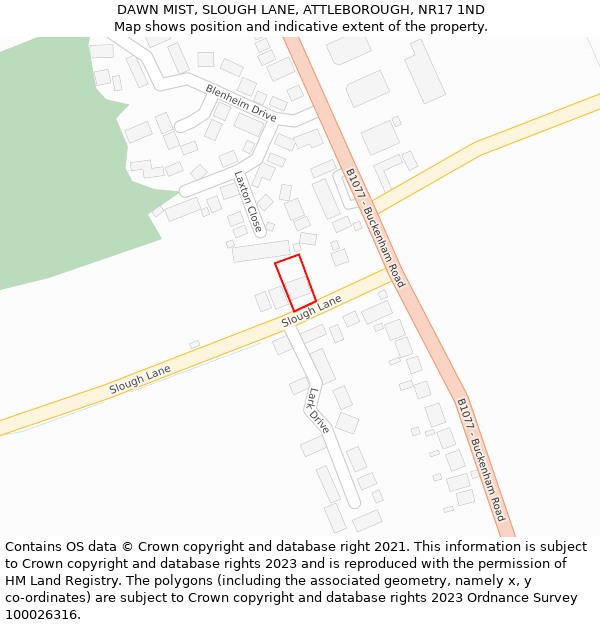 DAWN MIST, SLOUGH LANE, ATTLEBOROUGH, NR17 1ND: Location map and indicative extent of plot