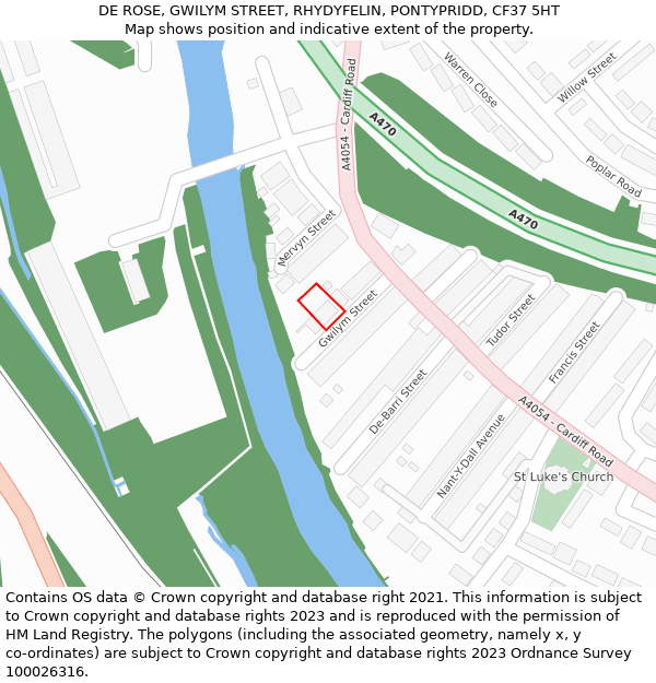 DE ROSE, GWILYM STREET, RHYDYFELIN, PONTYPRIDD, CF37 5HT: Location map and indicative extent of plot