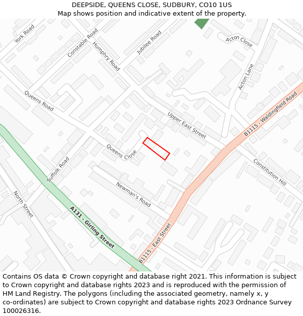 DEEPSIDE, QUEENS CLOSE, SUDBURY, CO10 1US: Location map and indicative extent of plot