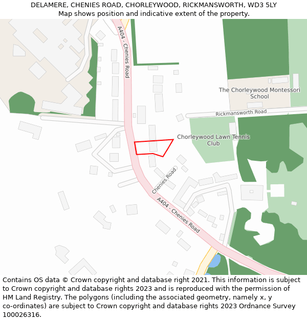 DELAMERE, CHENIES ROAD, CHORLEYWOOD, RICKMANSWORTH, WD3 5LY: Location map and indicative extent of plot
