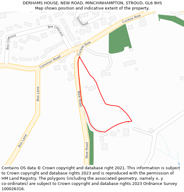 DERHAMS HOUSE, NEW ROAD, MINCHINHAMPTON, STROUD, GL6 9HS: Location map and indicative extent of plot