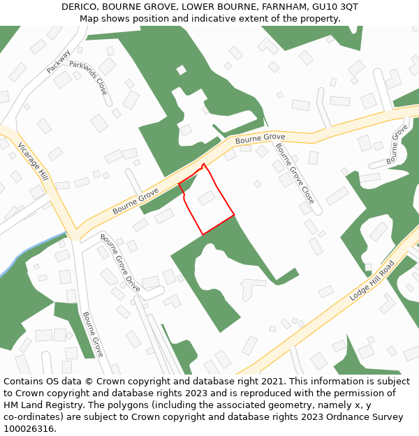 DERICO, BOURNE GROVE, LOWER BOURNE, FARNHAM, GU10 3QT: Location map and indicative extent of plot
