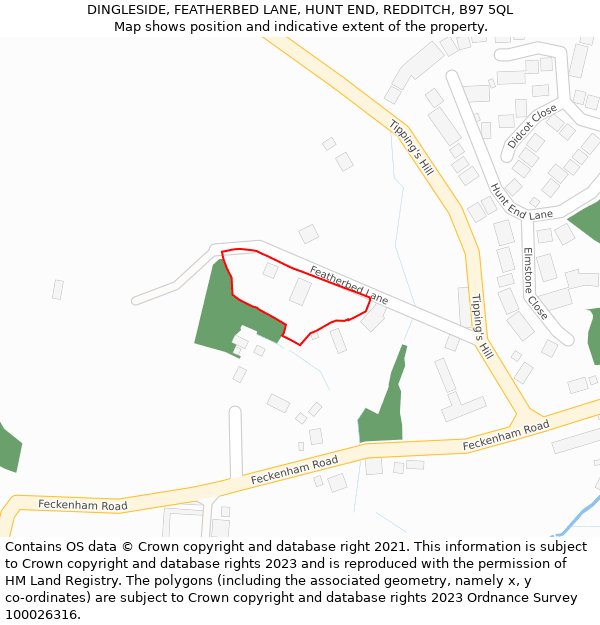 DINGLESIDE, FEATHERBED LANE, HUNT END, REDDITCH, B97 5QL: Location map and indicative extent of plot