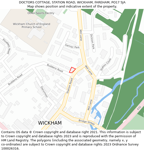 DOCTORS COTTAGE, STATION ROAD, WICKHAM, FAREHAM, PO17 5JA: Location map and indicative extent of plot