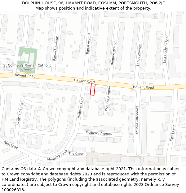 DOLPHIN HOUSE, 96, HAVANT ROAD, COSHAM, PORTSMOUTH, PO6 2JF: Location map and indicative extent of plot