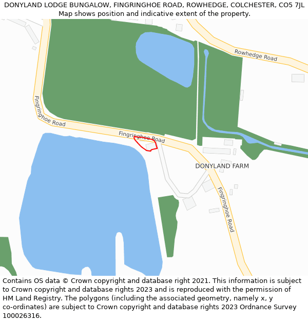DONYLAND LODGE BUNGALOW, FINGRINGHOE ROAD, ROWHEDGE, COLCHESTER, CO5 7JL: Location map and indicative extent of plot