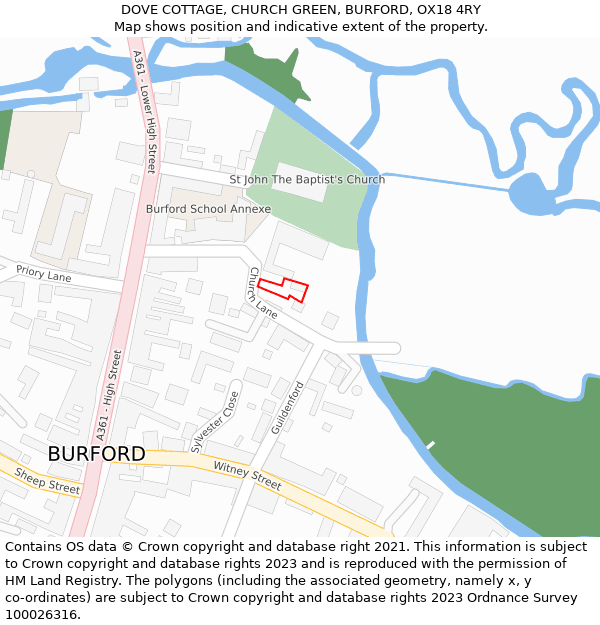 DOVE COTTAGE, CHURCH GREEN, BURFORD, OX18 4RY: Location map and indicative extent of plot