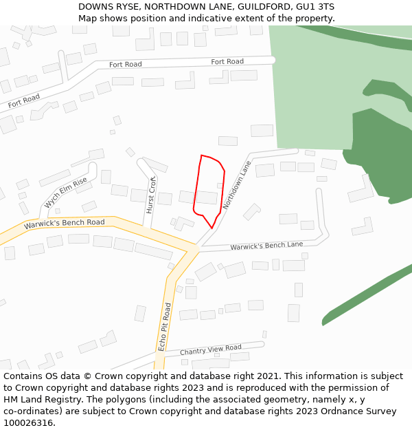DOWNS RYSE, NORTHDOWN LANE, GUILDFORD, GU1 3TS: Location map and indicative extent of plot