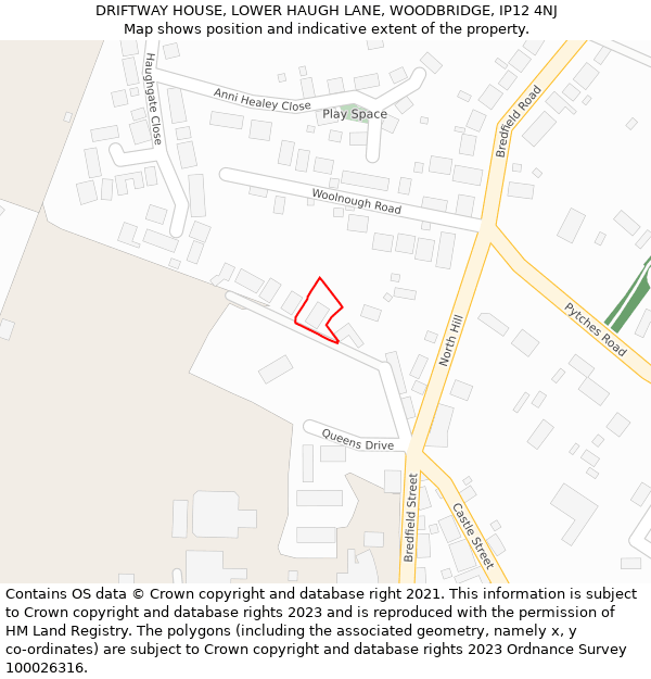 DRIFTWAY HOUSE, LOWER HAUGH LANE, WOODBRIDGE, IP12 4NJ: Location map and indicative extent of plot