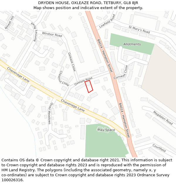 DRYDEN HOUSE, OXLEAZE ROAD, TETBURY, GL8 8JR: Location map and indicative extent of plot