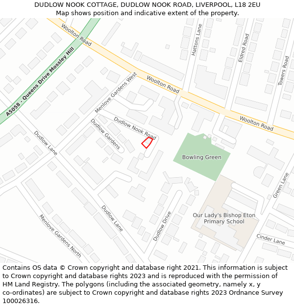 DUDLOW NOOK COTTAGE, DUDLOW NOOK ROAD, LIVERPOOL, L18 2EU: Location map and indicative extent of plot