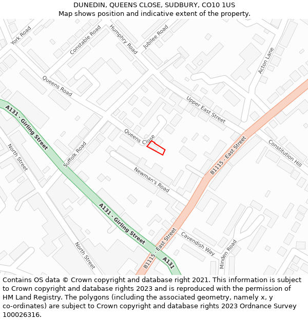 DUNEDIN, QUEENS CLOSE, SUDBURY, CO10 1US: Location map and indicative extent of plot