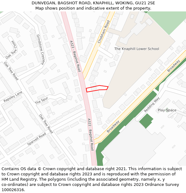 DUNVEGAN, BAGSHOT ROAD, KNAPHILL, WOKING, GU21 2SE: Location map and indicative extent of plot