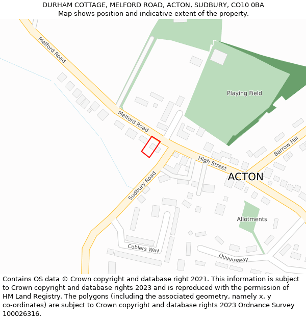 DURHAM COTTAGE, MELFORD ROAD, ACTON, SUDBURY, CO10 0BA: Location map and indicative extent of plot