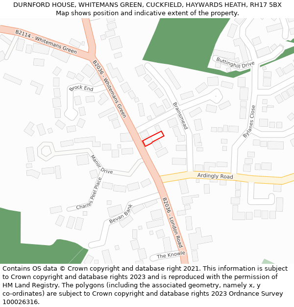 DURNFORD HOUSE, WHITEMANS GREEN, CUCKFIELD, HAYWARDS HEATH, RH17 5BX: Location map and indicative extent of plot