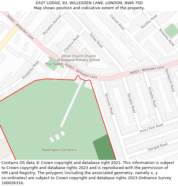 EAST LODGE, 93, WILLESDEN LANE, LONDON, NW6 7SD: Location map and indicative extent of plot