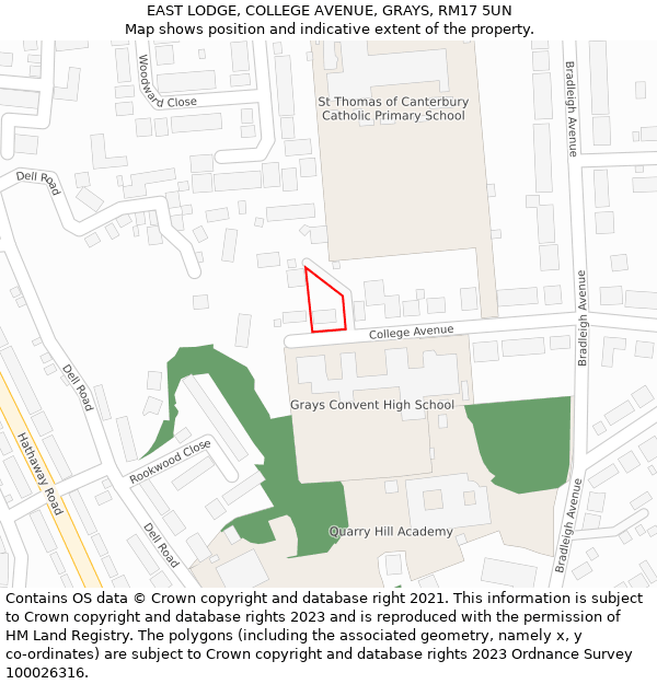 EAST LODGE, COLLEGE AVENUE, GRAYS, RM17 5UN: Location map and indicative extent of plot