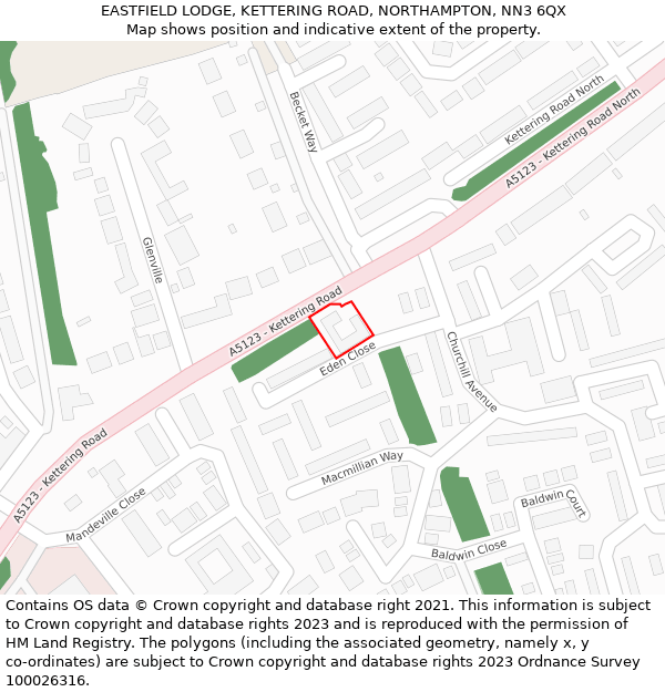EASTFIELD LODGE, KETTERING ROAD, NORTHAMPTON, NN3 6QX: Location map and indicative extent of plot