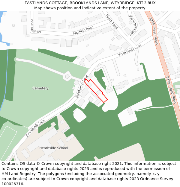 EASTLANDS COTTAGE, BROOKLANDS LANE, WEYBRIDGE, KT13 8UX: Location map and indicative extent of plot
