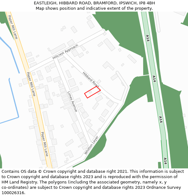 EASTLEIGH, HIBBARD ROAD, BRAMFORD, IPSWICH, IP8 4BH: Location map and indicative extent of plot